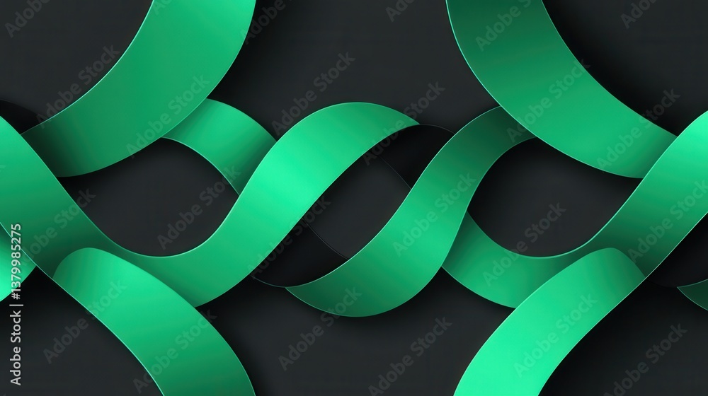 Poster abstract green ribbons on dark background creating fluid movement and elegant design patterns