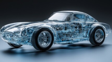 Transparent car model showing the complex inner mechanisms inside