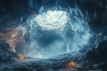 Fototapeta premium Icy Cave and Natural Beauty. A stunning ice cave with glacial formations and an opening to the sky, showcasing nature's artistry.