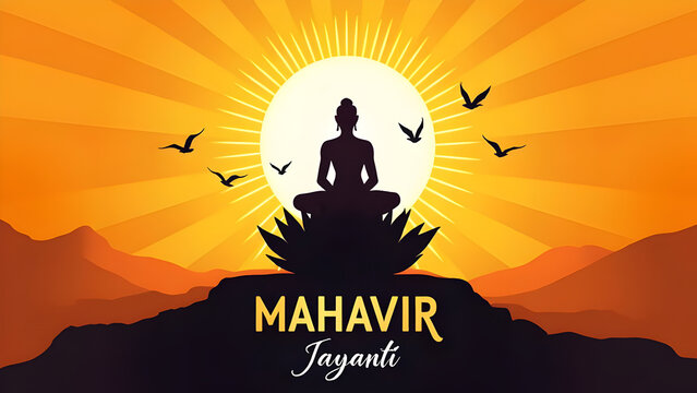 Golden Mahavir Jayanti Dawn: Silhouette of Enlightenment on Lotus Amidst Nature's Peace