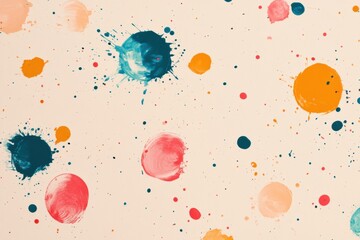 Bright round paint spots create a colorful texture on a light beige background with minimal splash effects evident throughout