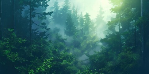 Illustration of Misty Forest Landscape with Sunlight Rays  