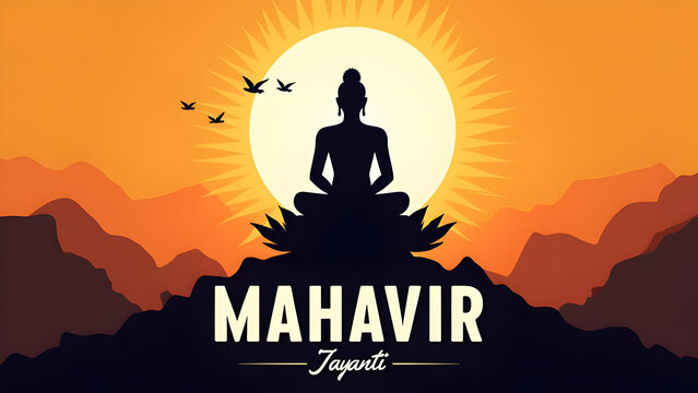 Golden Mahavir Jayanti Dawn: Silhouette of Enlightenment on Lotus Amidst Nature's Peace