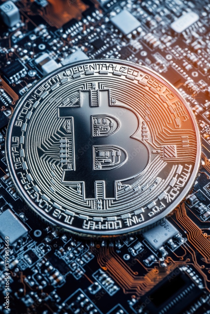 Poster a coin with the letter b on it is on a circuit board. the coin is surrounded by electronic component
