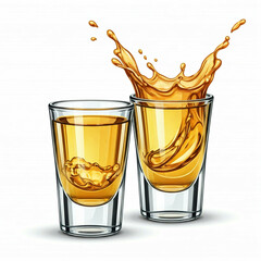 golden liquid splashing into glass shot glass on white background
