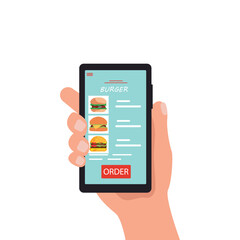 Customer's hand holding smartphone and ordering  burger online from restaurant. people buying  burger online. online  burger delivery. vector illustration.