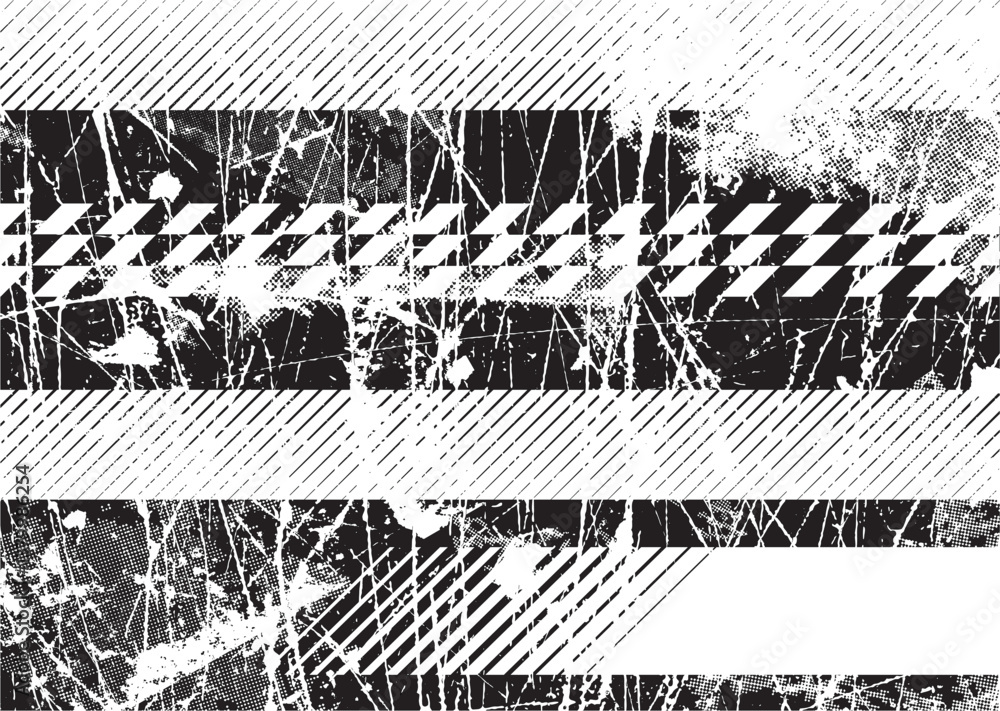 Aufkleber Glitch distorted grunge layer . Noise destroyed texture. Checkered race grunge flag . Overlay grunge texture .Distressed effect .Vector shapes with a speed lines and tire tracks screen print texture.