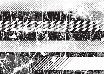 Glitch distorted grunge layer . Noise destroyed texture. Checkered race grunge flag . Overlay grunge texture .Distressed effect .Vector shapes with a speed lines and tire tracks screen print texture.