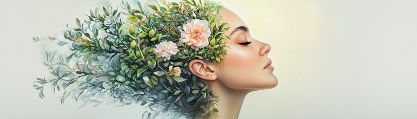 Woman applying natural beauty products surrounded by lush floral elements in a serene environment