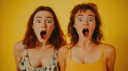 Two women with their mouths wide open, one of them wearing a yellow tank top. Concept of surprise or shock, as if the women are reacting to something unexpected or startling