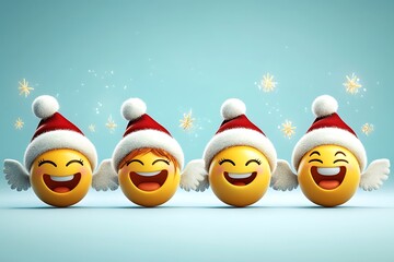 Joyful Christmas emojis with tiny wings, celebrating the holiday season against a soft blue background.
