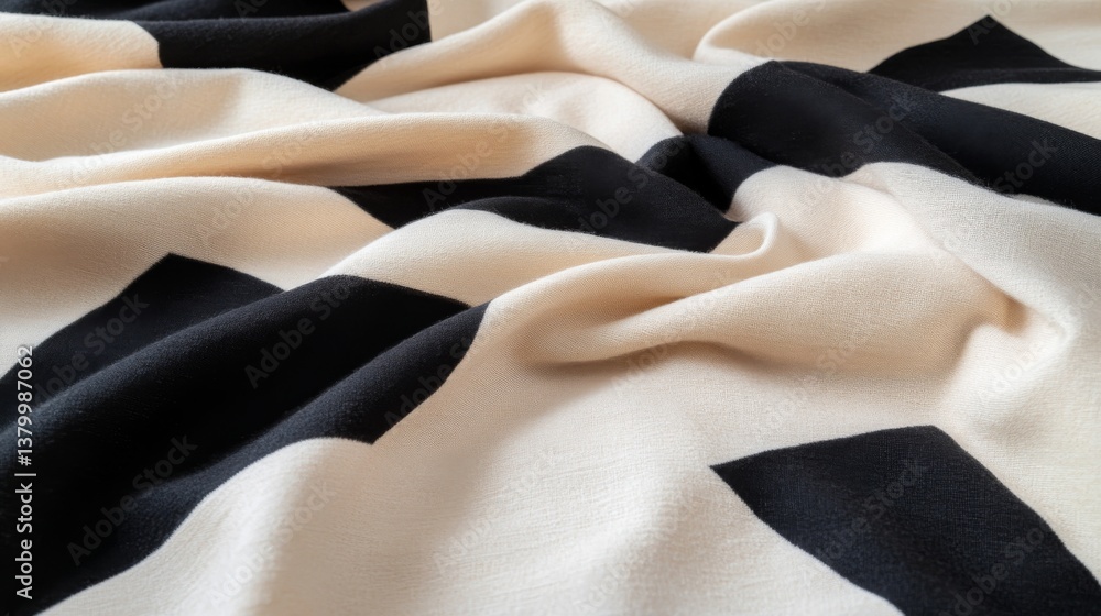 Poster Textured shibori fabric featuring a striking black and white geometric pattern draped elegantly, showcasing unique craftsmanship and copy space on the right