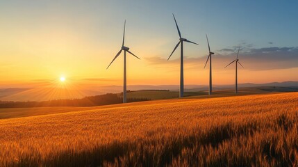 Obraz premium Wind turbines stand tall against a vibrant sunset, surrounded by rippling golden fields. The scene captures the essence of renewable energy in a tranquil rural setting