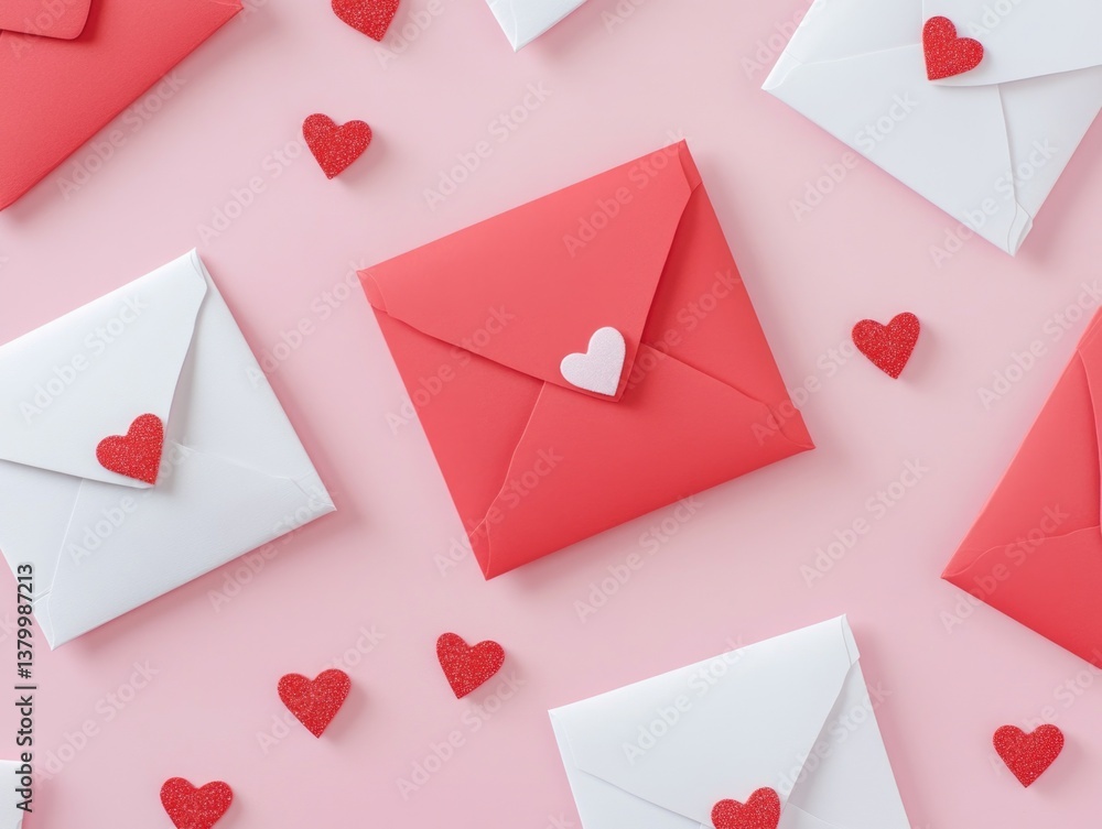 Poster a bunch of red and white envelopes with hearts on them. the envelopes are arranged in a pattern and 