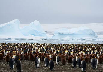 Antarctic Penguin Colony with Icebergs Wildlife, Birds, Nature Landscape Scene.