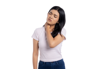 Young Asian woman suffering from neck pain and discomfort, holding her neck with one hand, isolated on transparent background