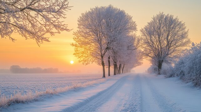 Frost covers trees lining a serene rural road as a beautiful sunrise casts warm light over the snowy landscape in the early morning hours