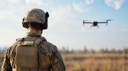 soldier operates drone military setting, showcasing advanced technology action. scene captures blend of nature and modern