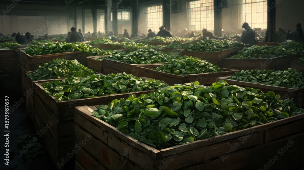 Aufkleber wooden crates overflowing with fresh green leafy vegetables create a lively atmosphere at a bustling