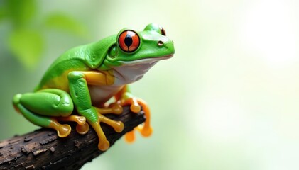 Obraz premium Green tree frog perched on white, vibrant color , green frog, frog, green