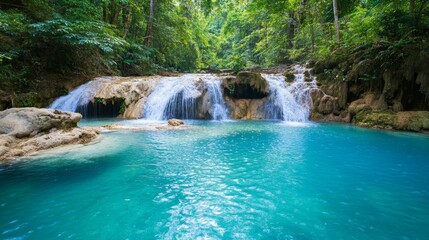 Fototapeta premium Serene Waterfall Oasis in Lush Green Jungle with Crystal Clear Pool