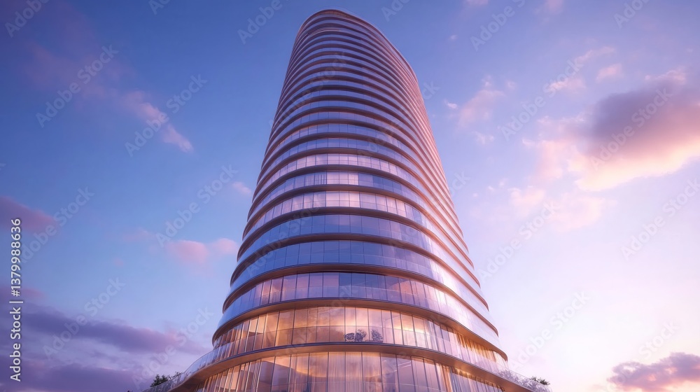 Aufkleber a striking skyscraper with curved glass windows rises against a vibrant sky, highlighting modern des