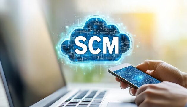 Businessman Using Mobile Phone to Access Cloud Based Supply Chain Management Software, SCM