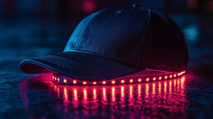 Lit cap Dark cap with red LEDs shining bright, reflecting light onto a speckled dark surface