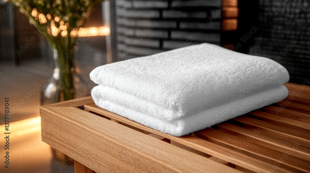 Poster a pristine white bath towel is elegantly folded on a polished wooden bench. a blurred vase with a si