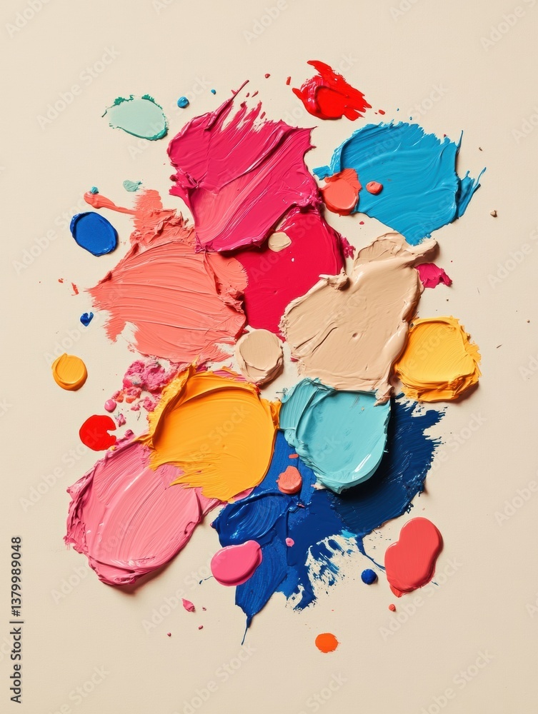 Poster bright paint spots arranged on a light beige surface create an eye-catching and colorful abstract co