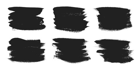 Grunge brush strokes black paint smear texture stain vector illustration set. Dry dirty calligraphy brush splashes high detail texture abstract shapes element splatters.