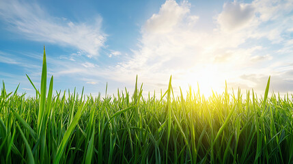 Fototapeta premium Fresh green grass sways gently under bright blue sky, illuminated by warm sunlight, creating serene and peaceful atmosphere