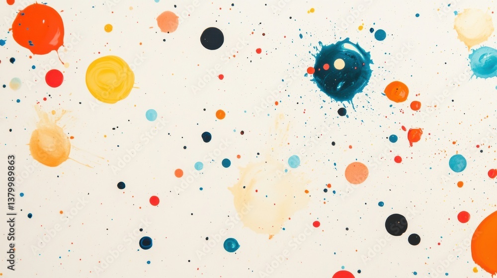 Poster bright round paint spots create a vibrant pattern on a light beige background with minimal splash ef
