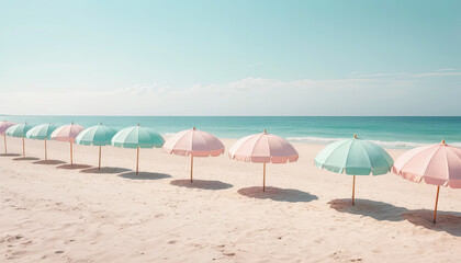 Fototapeta premium Pastel beach umbrellas perfectly aligned on soft sandy shoreline with clear turquoise ocean and blue sky, creating a peaceful and aesthetic summer holiday tropical beachscape scene