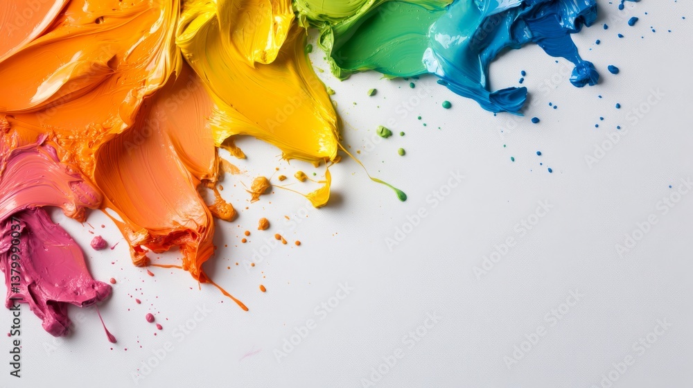 Poster Overhead view showcases a swirling arrangement of multicolored paint splashes on a clean white surface, emphasizing artistic movement and vibrant hues