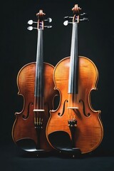 Naklejka premium Two violins are standing next to each other on a black background. The violins are of different sizes and are made of wood. Concept of elegance and sophistication