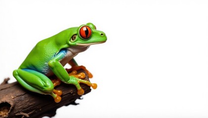 Obraz premium Green tree frog perched on white, vibrant skin, detail, glossy