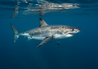 Fototapeta premium Majestic Great White Shark Swimming Underwater - Marine Life, Ocean Predator, Wildlife Photography.