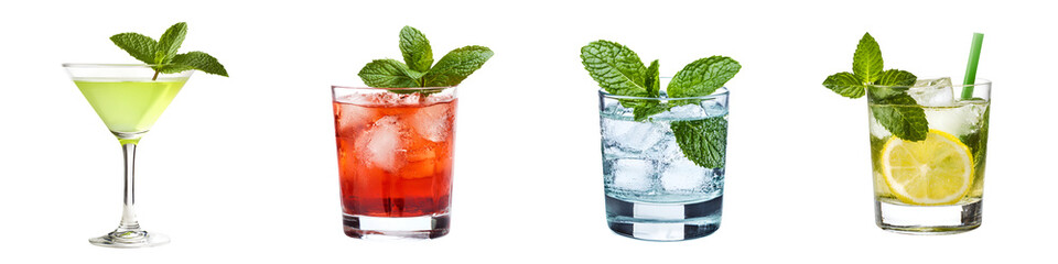 Refreshing cocktail with mint leaf on transparent background
