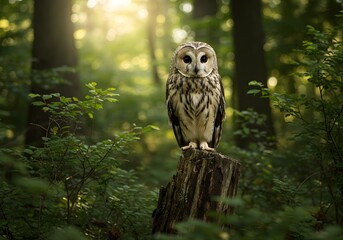 Majestic Owl Perched on Stump in Lush Forest with Sunlight - Nature, Wildlife Photography.