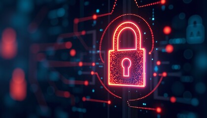 "Close up of a glowing lock icon with intricate digital patterns, vibrant hues, corporate manager silhouette securing, dramatic commercial glow."