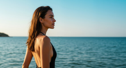 Woman enjoying the seascape view on summer vacation, contemplating life, stands against ocean, beautiful light and shadow on skin for travel or inspirational concept