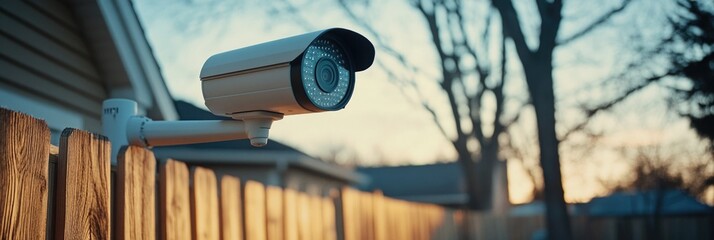 A security camera is mounted on a wooden fence. The camera is facing the street and is positioned to capture any activity that may occur. The fence is made of wood and is located near a house