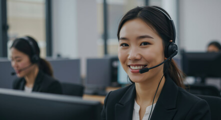 Asian woman in headset smiling at call center. Customer service and professional communication. Business concept for client support and telemarketing industry