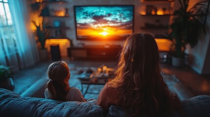 Cozy and warm evening scene in a beautifully decorated living room  The room is lit by a sunset glow through the window with a cozy fireplace and lit candles creating a peaceful and intimate ambiance