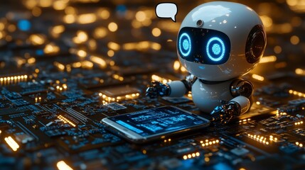 Robot ponders a screen over glowing circuit board