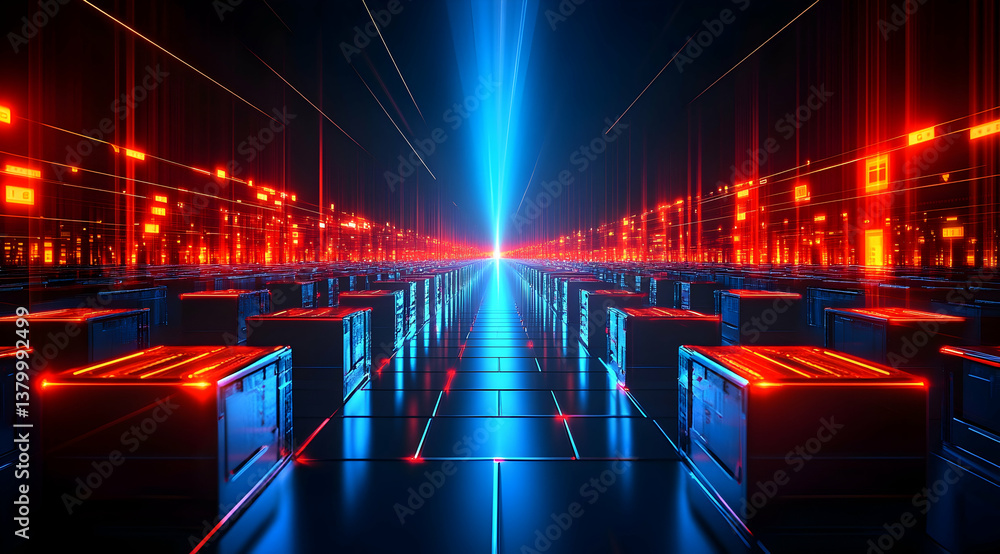 Aufkleber a dark background with an abstract, glowing light beam that leads to rows of metallic boxes in the c