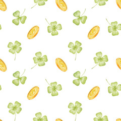 Clover, patrick's day. Watercolor seamless pattern in pastel colors. Cute watercolor illustration for children's textiles, wrapping paper