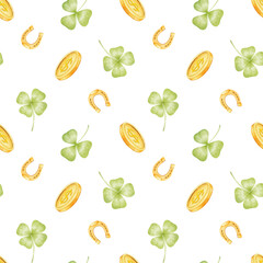 Clover, patrick's day. Watercolor seamless pattern in pastel colors. Cute watercolor illustration for children's textiles, wrapping paper