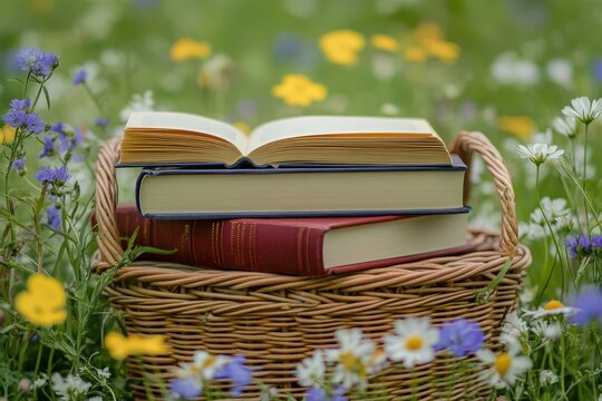 Open book and two books in wicker basket